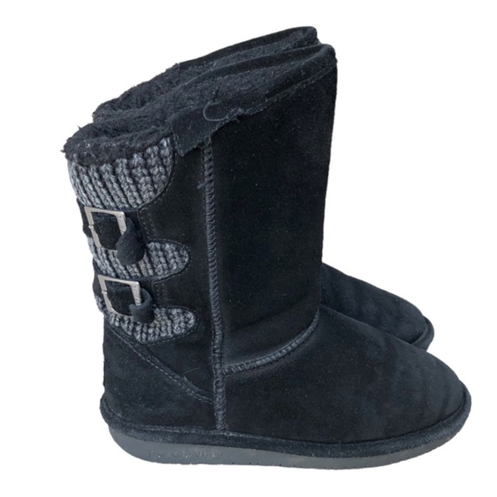 Bear Paw Women's Suede Knit Sheepskin Mid Calf Boots Boshie Size 4 Youth Black.